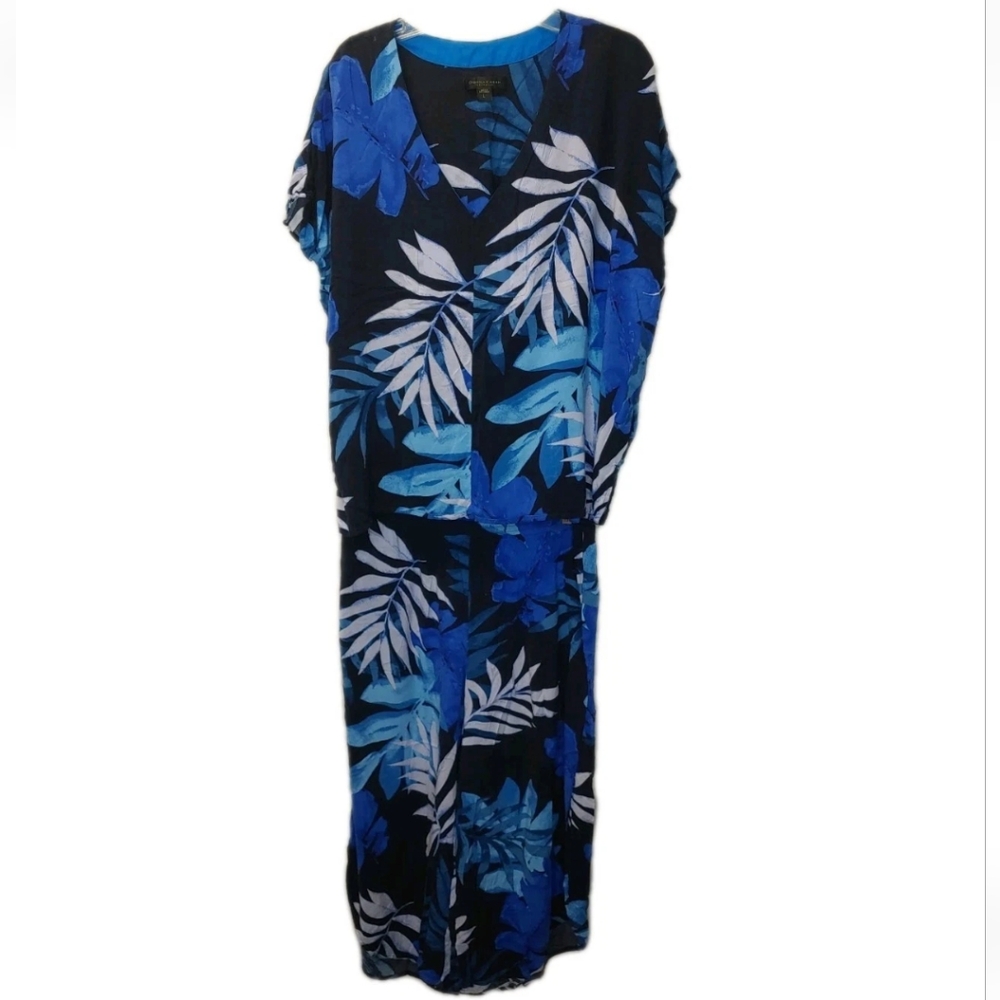 Donna Karan Resort Lounge Set Large Tropical Palms Blue Dolman Top Jasmine Pants